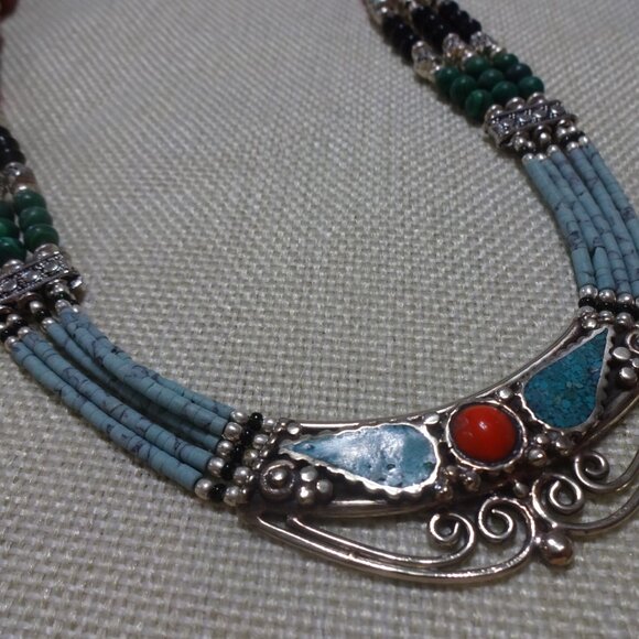 Tribal TURQUOISE, RED CORAL & BLACK BEADS Handmade Sterling 925 Necklace #560C - Picture 4 of 4